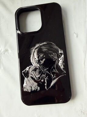 Black Phone Case with White Dog & Woman Illustration